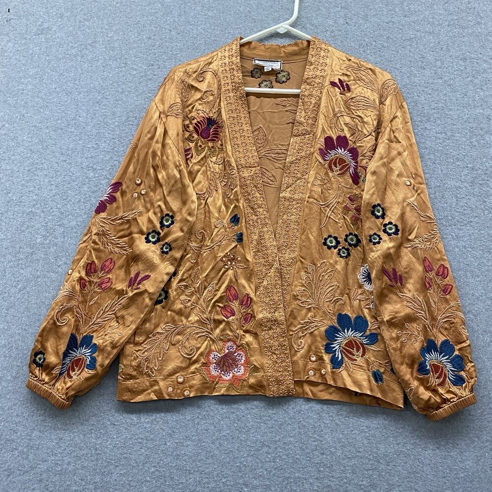 Johnny Was Workshop Embroidered 2 Pc Silk Blend Kimono Jacket Wide Leg Pant Set - Picture 5 of 16